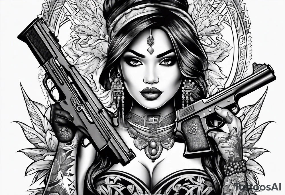 old school tattoo of vahine who play with gun tattoo idea