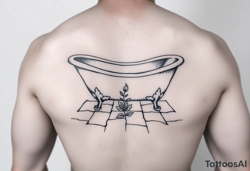 clawfoot bathtub on a tile floor and a flower growing through the cracks in the floor tattoo idea