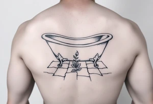 clawfoot bathtub on a tile floor and a flower growing through the cracks in the floor tattoo idea
