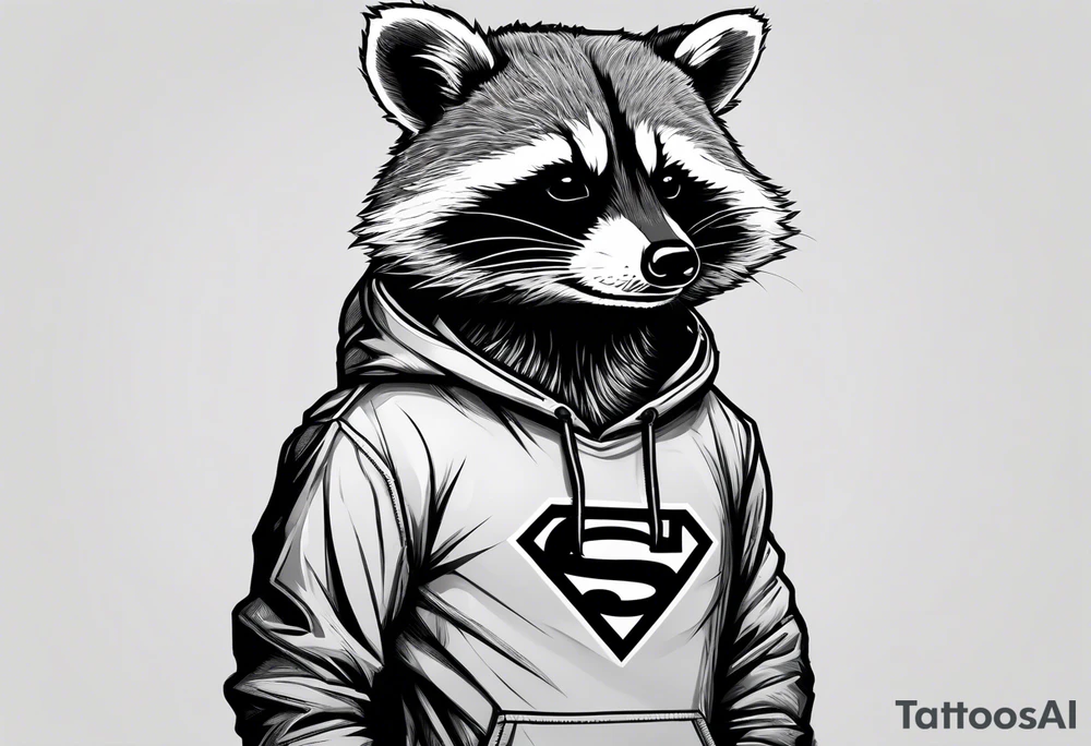 raccoon wearing a Superman hoodie tattoo idea