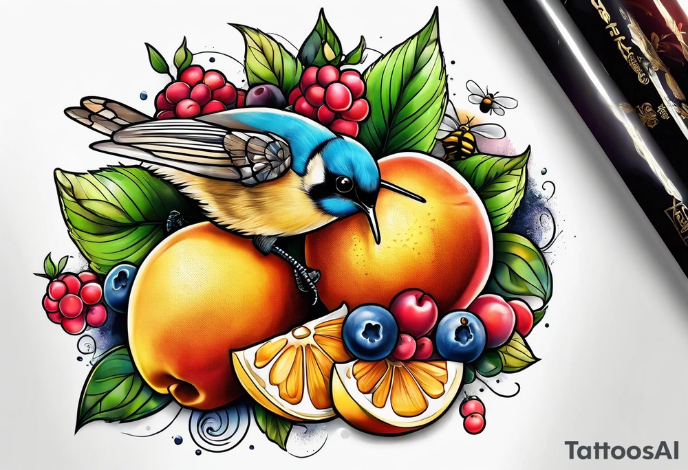 Birds, bees, fruit tattoo idea