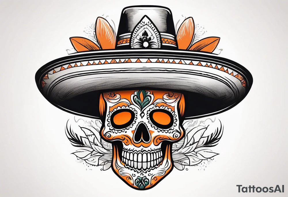 Mexican skull with sombrero with smoke coming out of the bottom orange and black tattoo idea