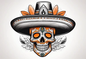 Mexican skull with sombrero with smoke coming out of the bottom orange and black tattoo idea
