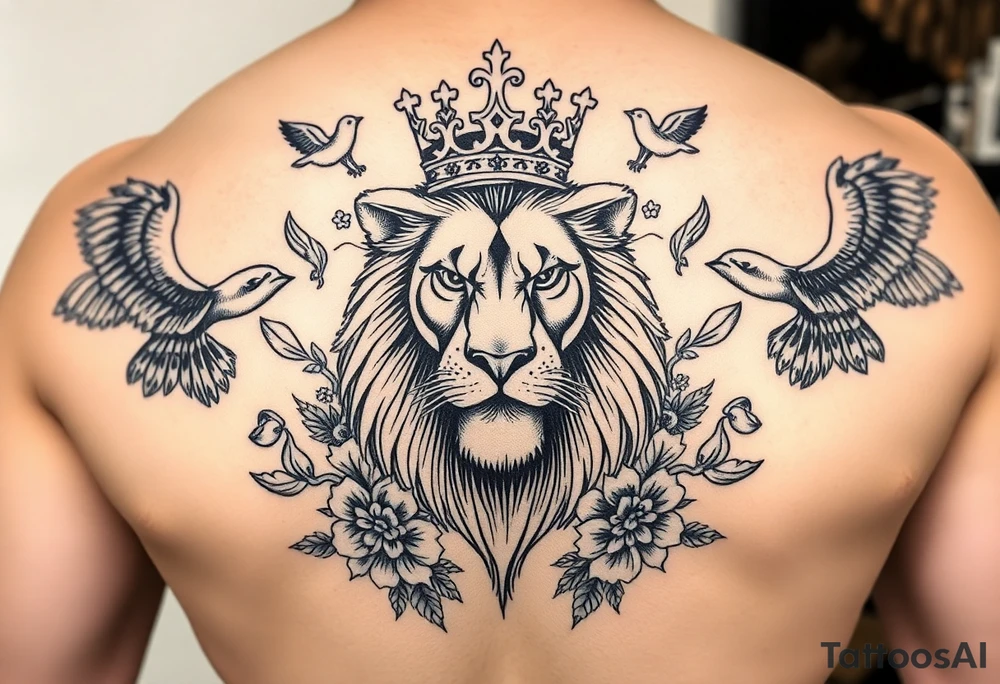 powerful majestic lion with a crown, surrounded by floral ornaments and birds tattoo idea