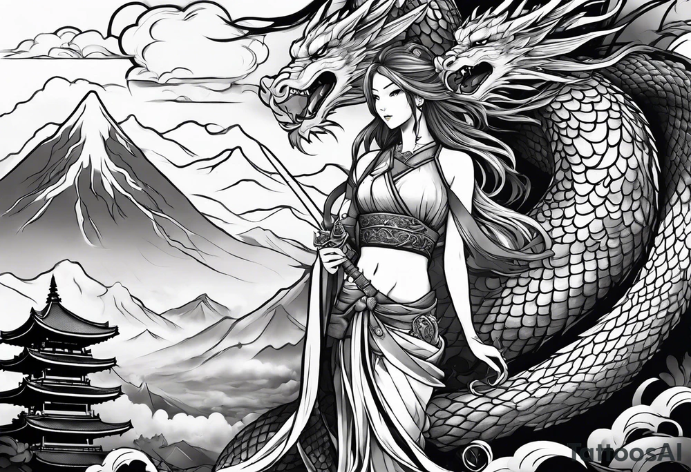 warrior beautiful fairy nymph with a full body with a sword and a full dragon with a mountain with clouds and a Japanese building background tattoo idea