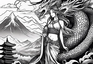 warrior beautiful fairy nymph with a full body with a sword and a full dragon with a mountain with clouds and a Japanese building background tattoo idea
