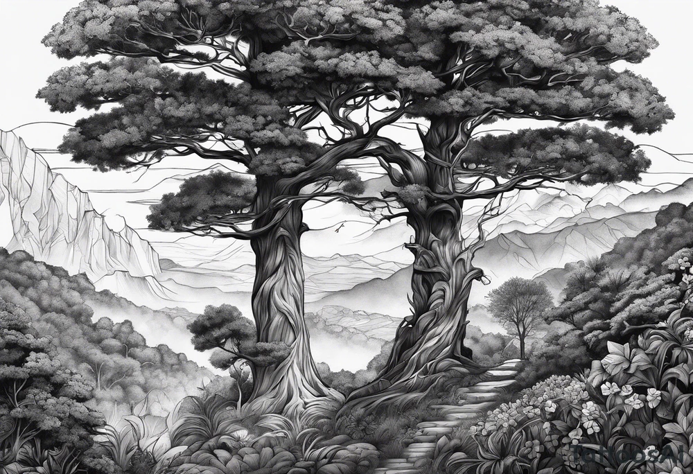 alcateia e matilha de leões na floresta caminhando para uma arvore tattoo idea