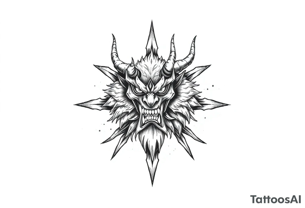 Abstract asterisk with a Japanese folklore demon from old times tattoo idea