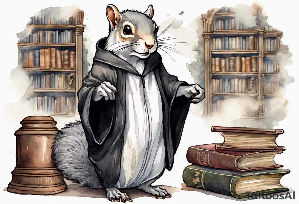 an elderly grey squirrel with a white beard and mustache wearing a black robe and wire-rimmed glasses standing in an ancient library tattoo idea