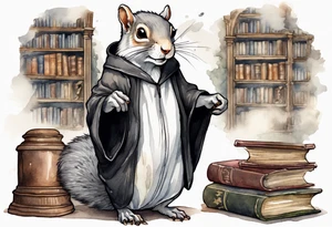 an elderly grey squirrel with a white beard and mustache wearing a black robe and wire-rimmed glasses standing in an ancient library tattoo idea