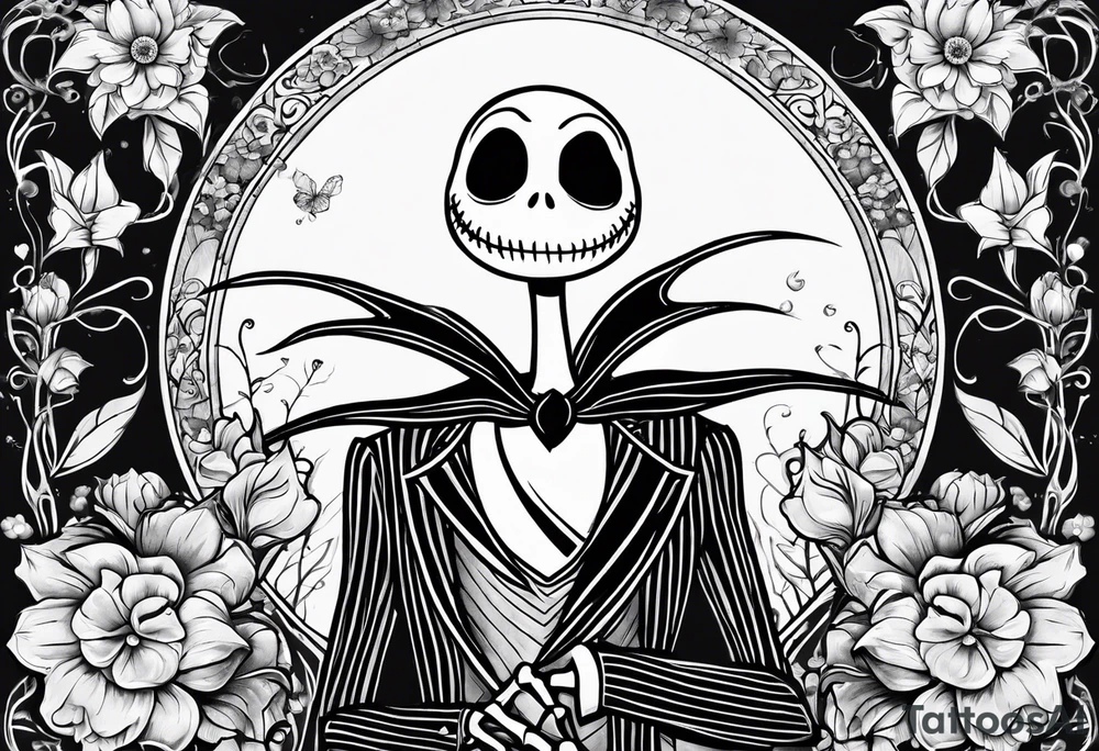 Jack Skellington with flowers as a border tattoo idea Jack Skellington with flowers as a border tattoo idea