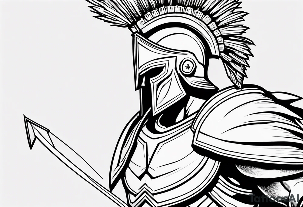 rectangular landscape format ultra-fine line linework vector of a spartan from the side, spartan spear, spartan shield, laurel wreath tattoo idea