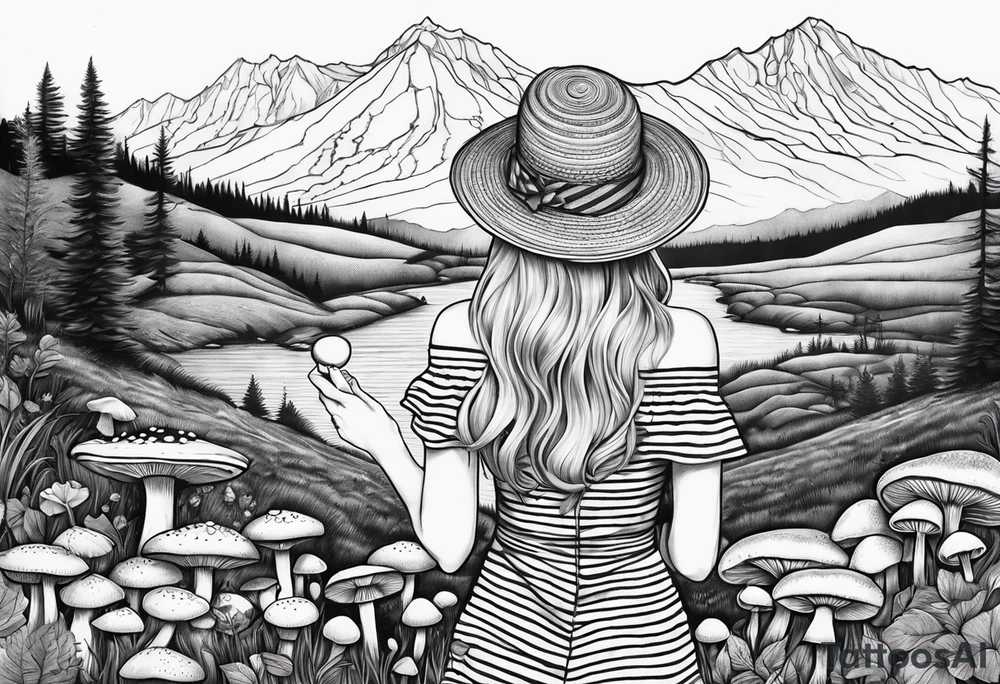 Straight blonde hair girl holding mushrooms in hand facing away toward mountains surrounded by mushrooms circular design black and white striped dress tattoo idea