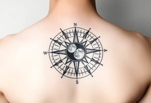 Compass declination marks shaped like a sun with a moon at the center of the image tattoo idea