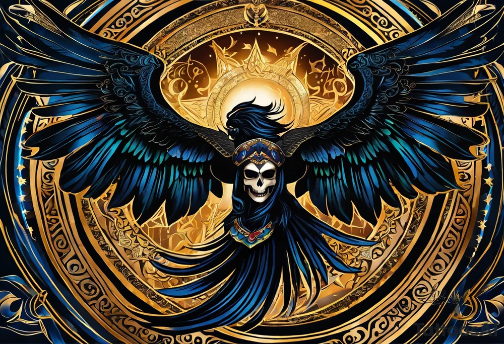 black kali, goddess pirate, alien, angel, pachamama, valkrye, warrior, flying, skull, lotus azul, wing, eagle, zenza resonance, stars, 5D, anahata chakra, death, durga, riding on a tiger, flying lady tattoo idea