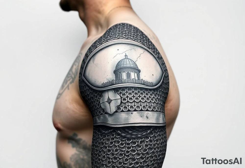 Huge shoulder tattoo of chainmail and plate armor covering entire arm tattoo idea
