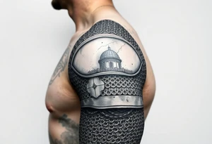 Huge shoulder tattoo of chainmail and plate armor covering entire arm tattoo idea