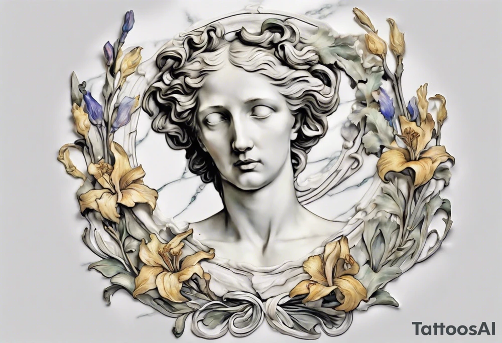 Create a colorful Vincent van Gogh Irises tattoo with an ancient Greek female statue in the middle in white marble. The tattoo should take the form of a crescent, with vines gracefully intertwining at a central point in the middle of the wreath.  The intended placement is on the upper chest. The overall design should be small in size while maintaining a delicate and artistic aesthetic. Pay attention to the graceful flow of the vines and the placement of the irises to achieve a refined and elegant look. tattoo idea