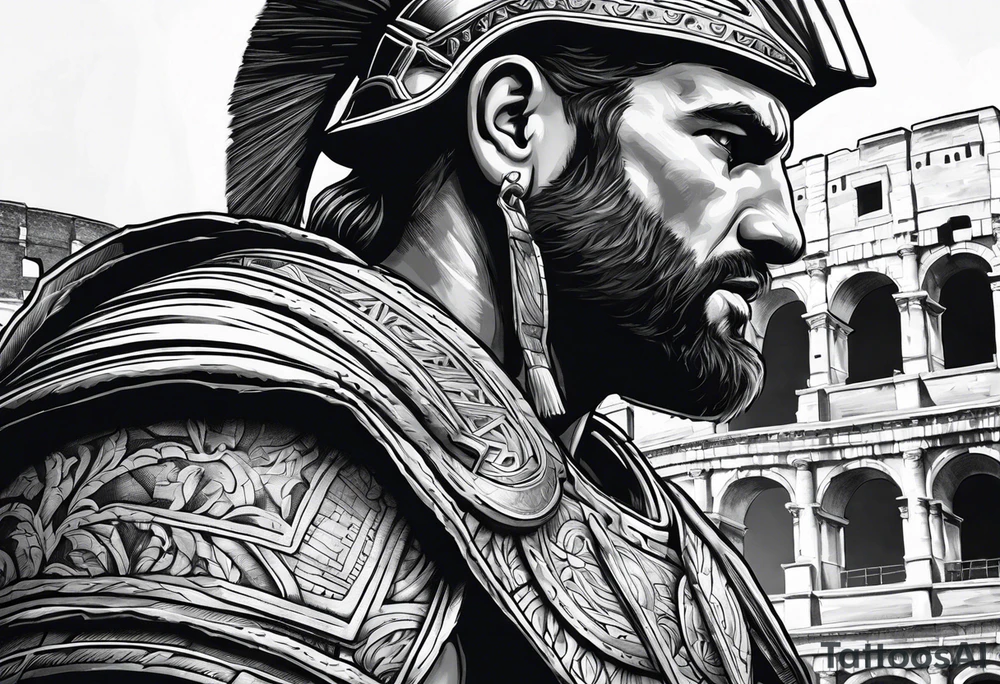 Side profile of spartan soilder looking at Roman colosseum tattoo idea
