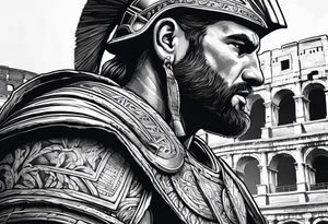 Side profile of spartan soilder looking at Roman colosseum tattoo idea