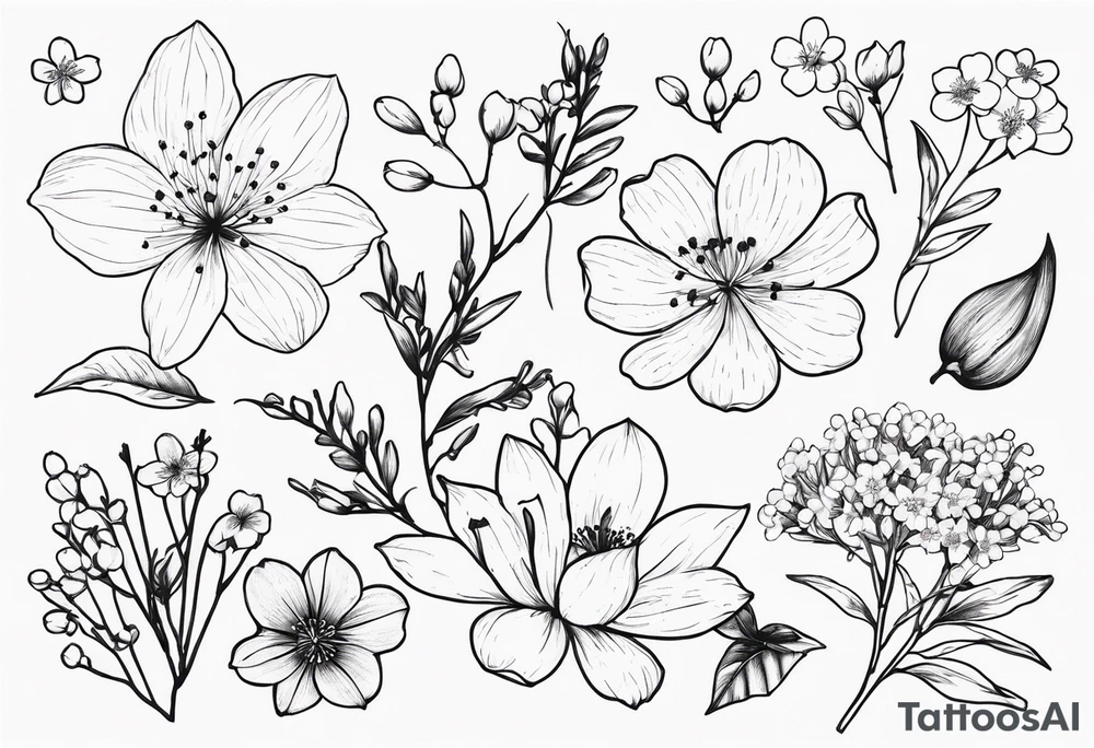 minimalist wrapping botanicals with cosmos flower, cherry blossoms, rowan tree berries and flowers, and lily of the valley tattoo idea