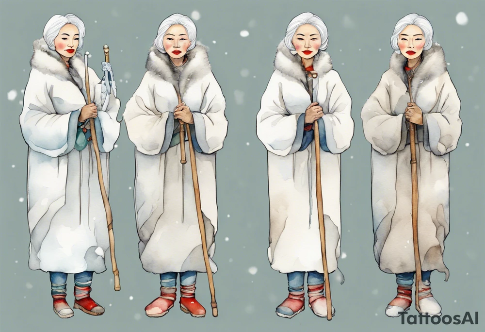 a 4middle aged Inuit woman with white hair and a white robe and white mittens and mukluks holding a plain white staff, standing on an iceberg tattoo idea