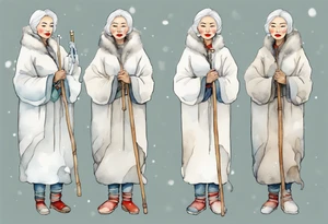 a 4middle aged Inuit woman with white hair and a white robe and white mittens and mukluks holding a plain white staff, standing on an iceberg tattoo idea