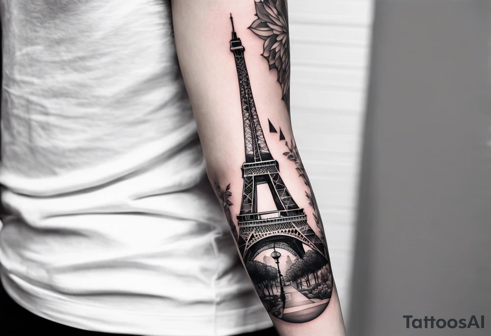 Upper arm tattoo sleeve including the Eiffel tower in Paris with shading in the background? tattoo idea