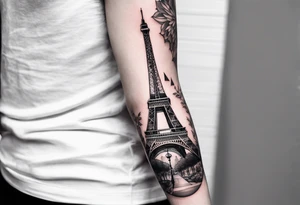 Upper arm tattoo sleeve including the Eiffel tower in Paris with shading in the background? tattoo idea