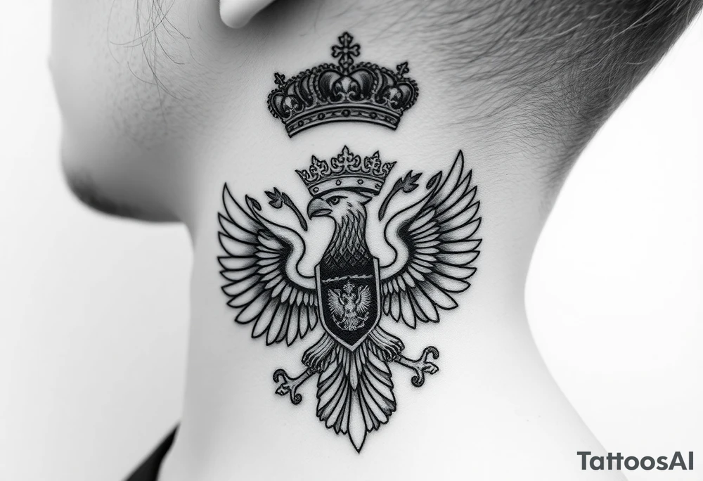 St. George, 3 russian imperial crowns above the Russian coat of arms double eagle and above sitting in its wingspan have a Russian sabre, Kremlin or St. Basil's Cathedral scene  on the side of my neck tattoo idea