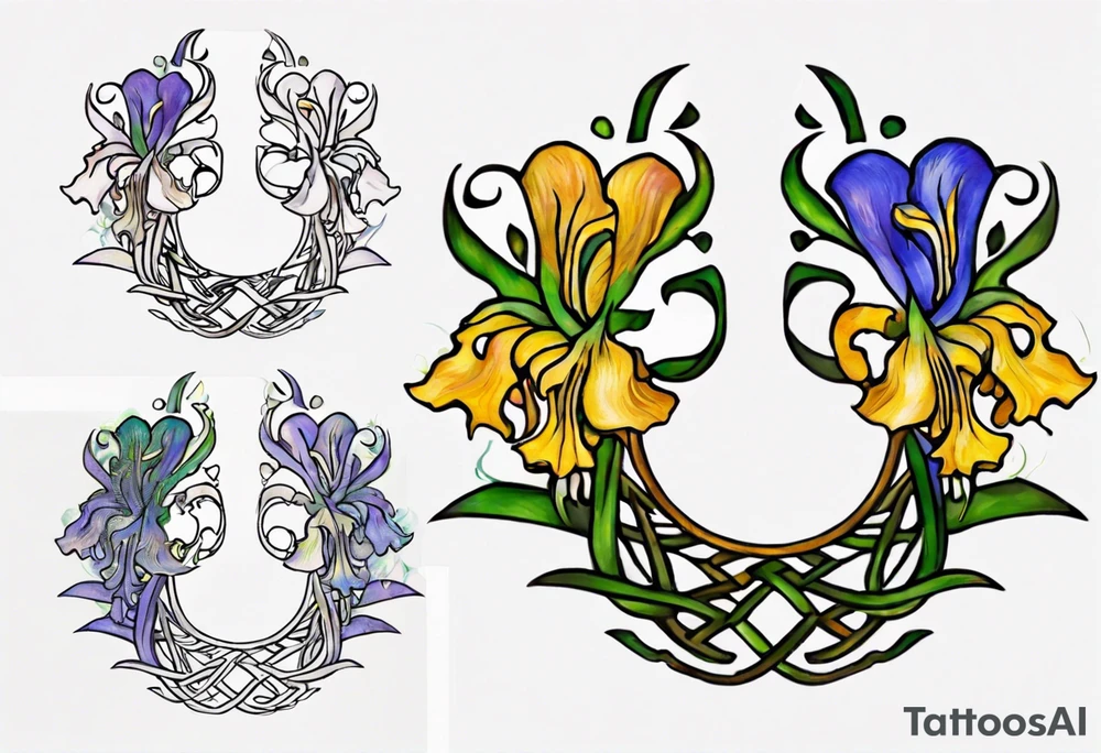 Create a colorful small Vincent van Gogh Irises tattoo with Celtic knots. The tattoo should take the form of a crescent, with vines gracefully intertwining at a central point in the middle of the wreath. Ensure that the design avoids the appearance of a bush and maintains a more structured and deliberate arrangement. The intended placement is on the upper chest. The overall design should be small in size while maintaining a delicate and artistic aesthetic. Pay attention to the graceful flow of the vines and the placement of the irises to achieve a refined and elegant look. tattoo idea