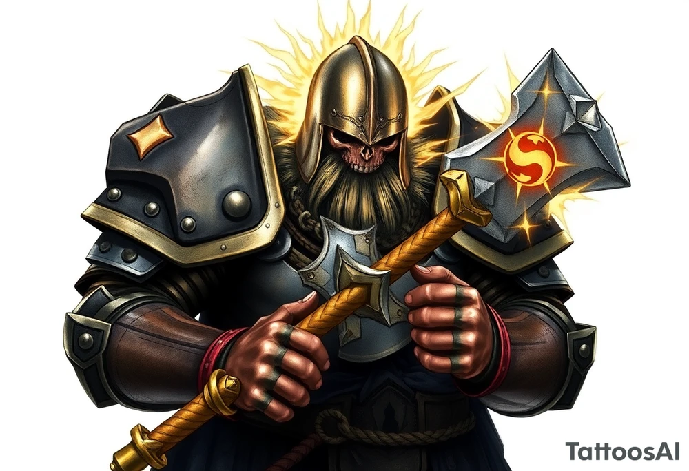Warhammer, the Old World. A warrior priest of Sigmar holding The Warhammer of Sigmar. The Warhammer of Sigmar is radiating thunderous energy. The Warhammer is held by the warrior priest with both hands at the shaft with a firm grip in order to contain its unlimited energy, upon his chest level. The Warrior priest is wearing dark alloyed heavy armour (reference armor from warhammer vermintide 2 Victor Saltzpyres, the warrior priest of Sigmar class) with skull sigils on his shoulder pads. The warrior priest is wearing a helmet, while the helmets front visor has an humanoid face covering. The helmet and armour are gladened with hints of gold and crimson red. The Warhammer is silverish and golden with a long shaft with twisted carvings. tattoo idea