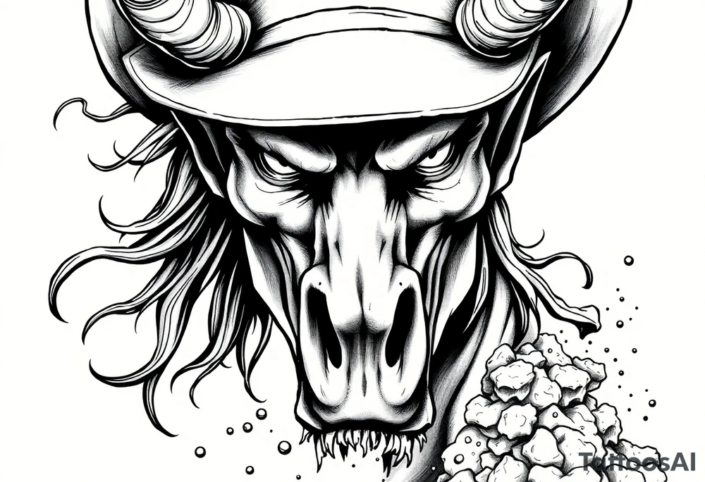 Close-up on a demon cowboy's face, horse's mane flowing, volcanic ash falling. tattoo idea