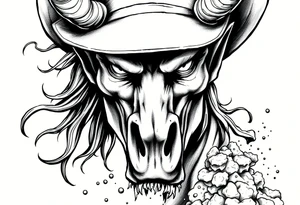 Close-up on a demon cowboy's face, horse's mane flowing, volcanic ash falling. tattoo idea