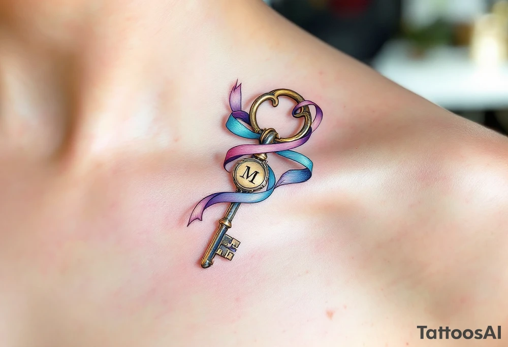 A vintage brass key with a long, flowing ribbon wrapping around the shaft, leading to a lock that features an engraved couple’s initials. Rich brass for the key, pastel blue for the ribbon, and a soft silver lock with engraved initials in gold. tattoo idea