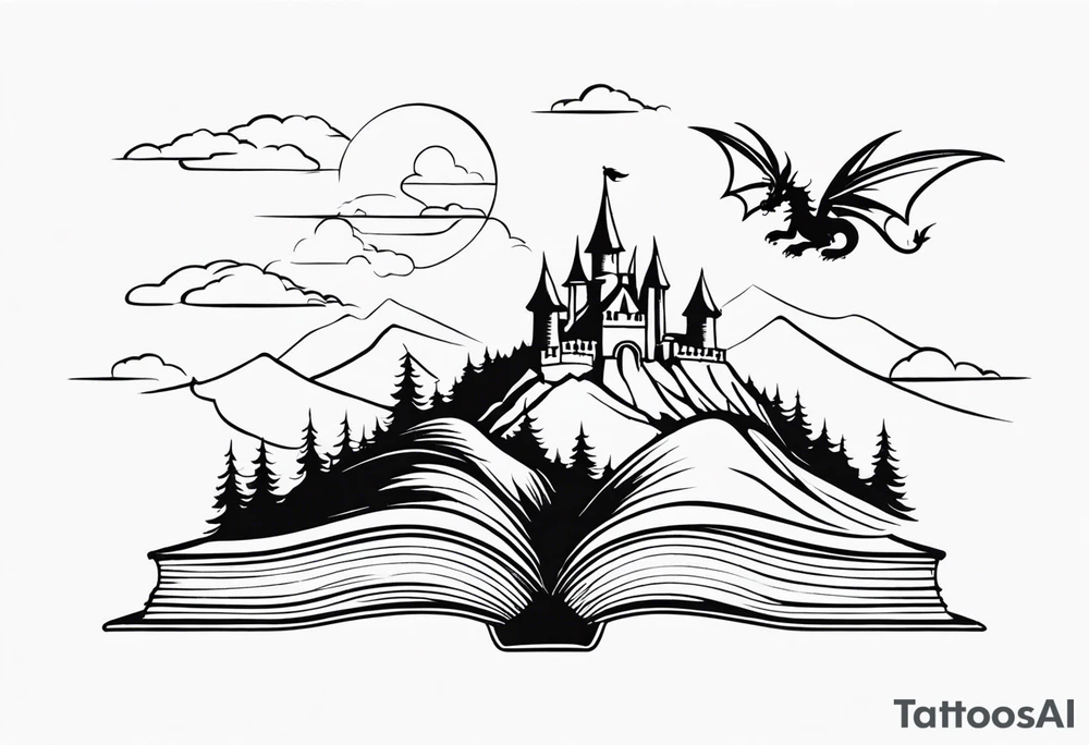 an open fairy book. a dragon with scales and four legs flying in the sky. a castle. three mountain peaks tattoo idea
