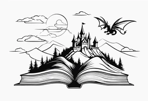 an open fairy book. a dragon with scales and four legs flying in the sky. a castle. three mountain peaks tattoo idea