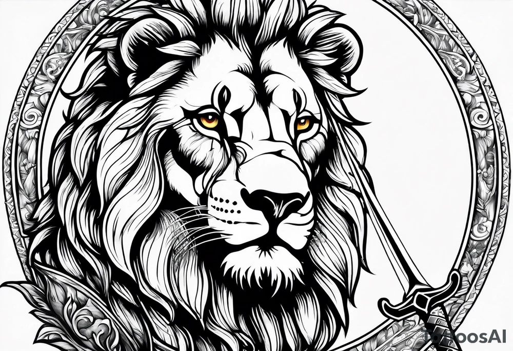 Classic heraldry lion holding a sword and a science beaker tattoo idea