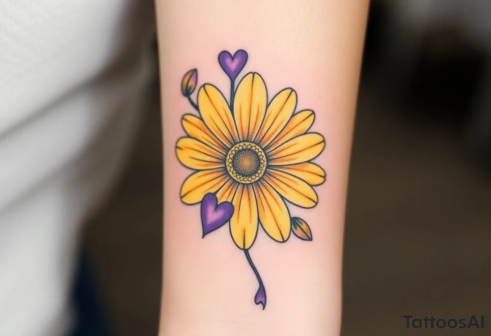 Yellow daisy flower with Purple Hearts tattoo idea