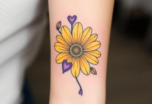 Yellow daisy flower with Purple Hearts tattoo idea