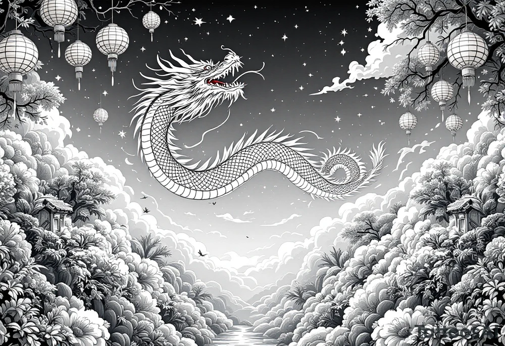 Chinese dragon flying towards the sky surrounded by chinese lanterns tattoo idea