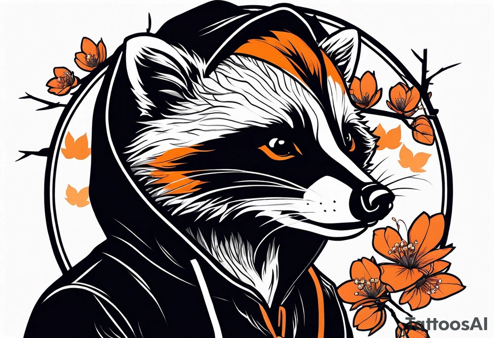 Raccoon wearing a white Superman logo on a black hoodie and orange Japanese cherry blossoms tattoo idea