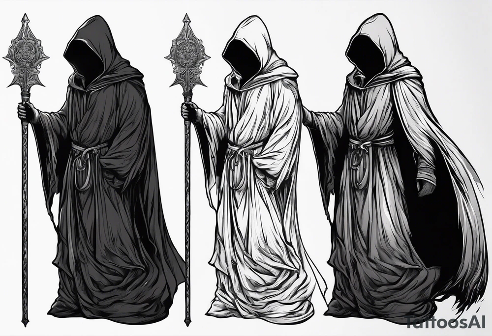 Hooded figure with no face carrying staff and wearing a long tattered cloak tattoo idea