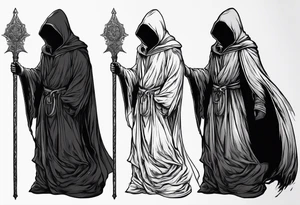 Hooded figure with no face carrying staff and wearing a long tattered cloak tattoo idea