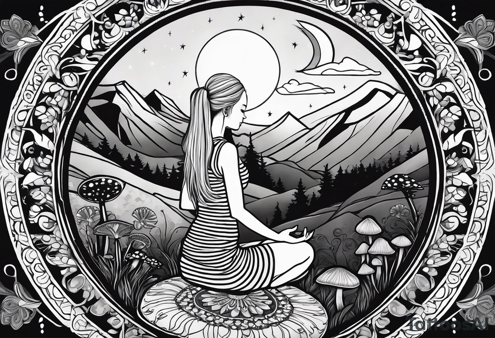 Straight blonde hair girl meditating facing away toward mountains surrounded by mushrooms crescent moon mandala circular design black and white striped dress tattoo idea