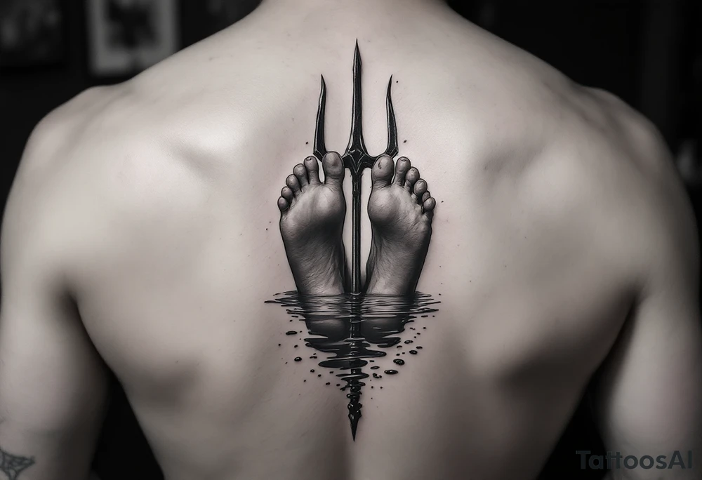 barefeet behind trident with water tattoo idea