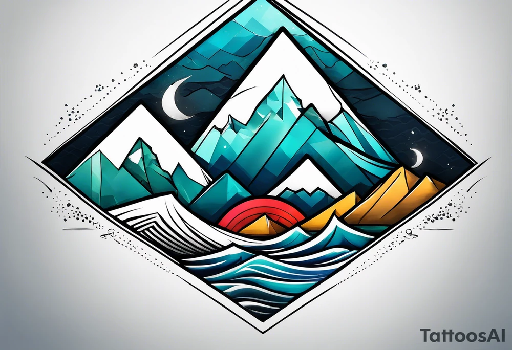 Mountains and big ocean waves  crashing diamond shape half and half tattoo idea