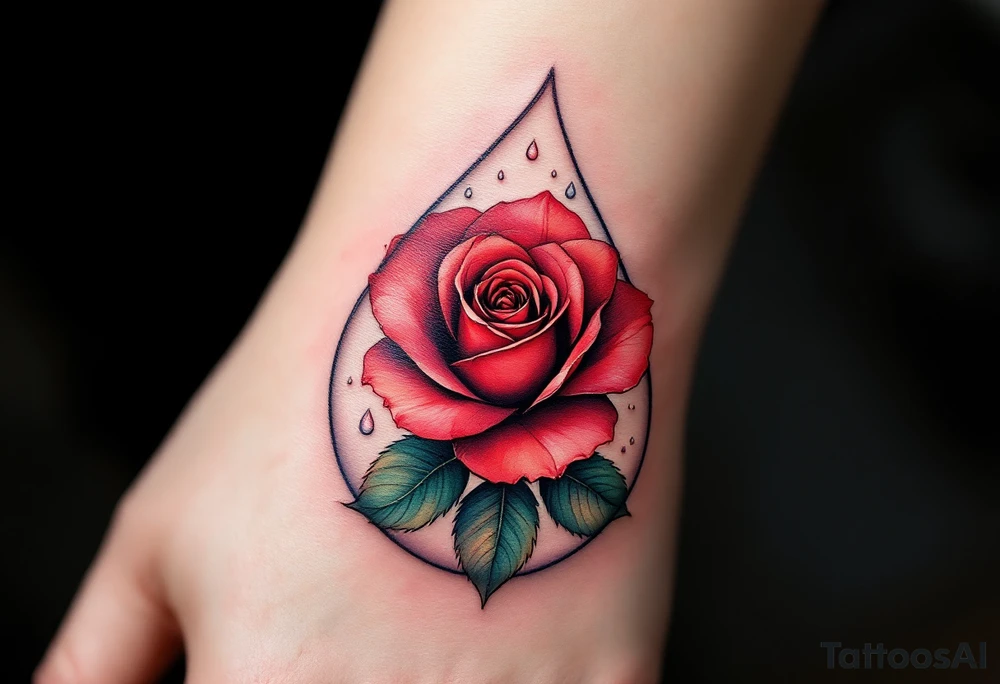 A teardrop shape containing a detailed red rose, with dark green leaves and a few drops of water falling from the petals, representing love, loss, and growth. The rose should have deep red hues, with vibrant green accents in the leaves and gentle shading for depth. tattoo idea