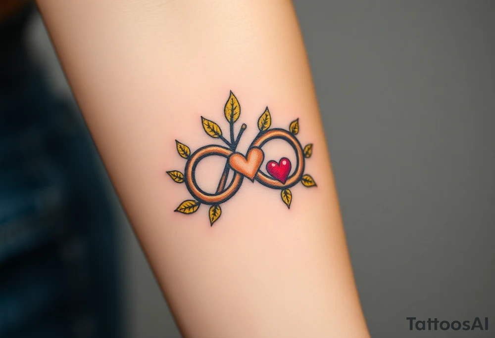 A infinity symbol adorned with golden leaves and a tiny red heart tattoo idea