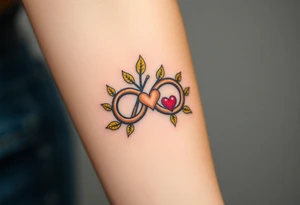 A infinity symbol adorned with golden leaves and a tiny red heart tattoo idea